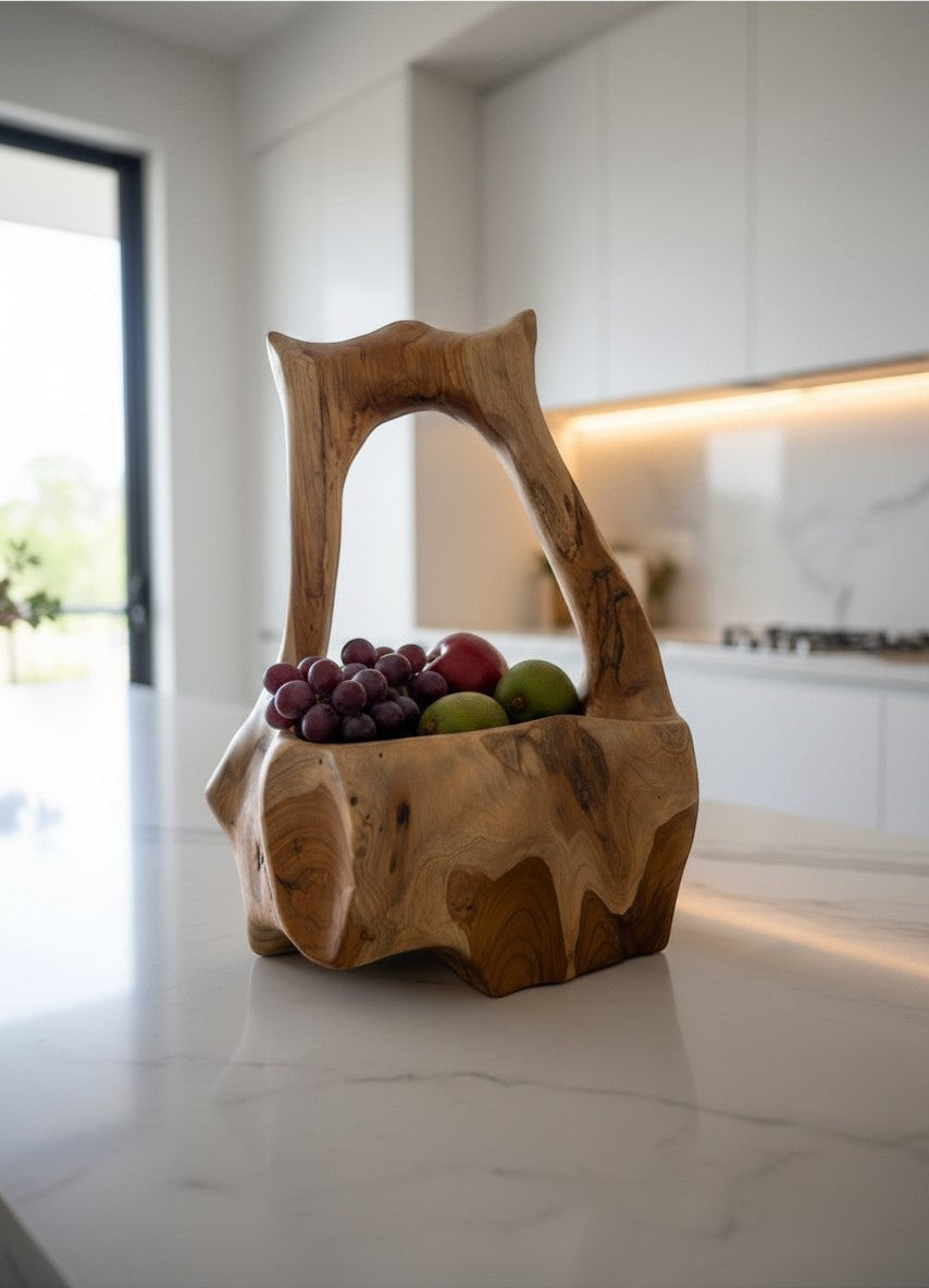 Natural Wonders USA Burl Wood Basket with integrated handle, 7