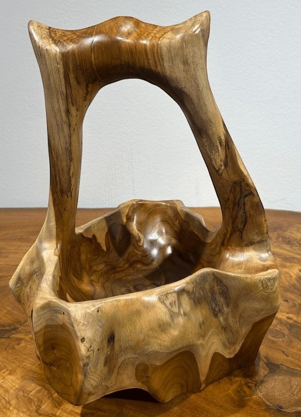 Natural Wonders USA burl wood basket with integrated handle, showcasing unique grain patterns and natural wood texture. 7