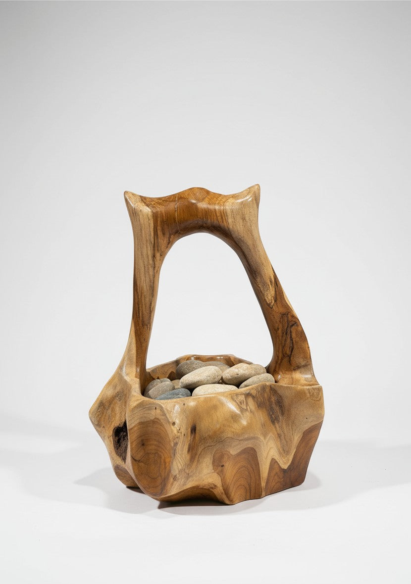 Natural Wonders USA burl wood basket with integrated handle, 7