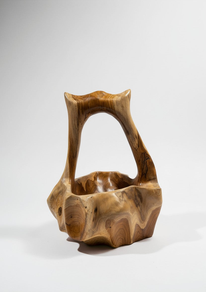 Natural Wonders USA burl wood basket with integrated handle, showcasing unique grain patterns and organic shape. 7