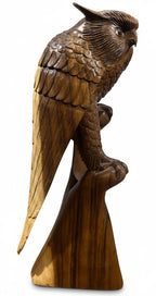 Natural Wonders USA carved wooden owl sculpture, 22" tall, detailed feathers, perched on a branch, rustic décor.
