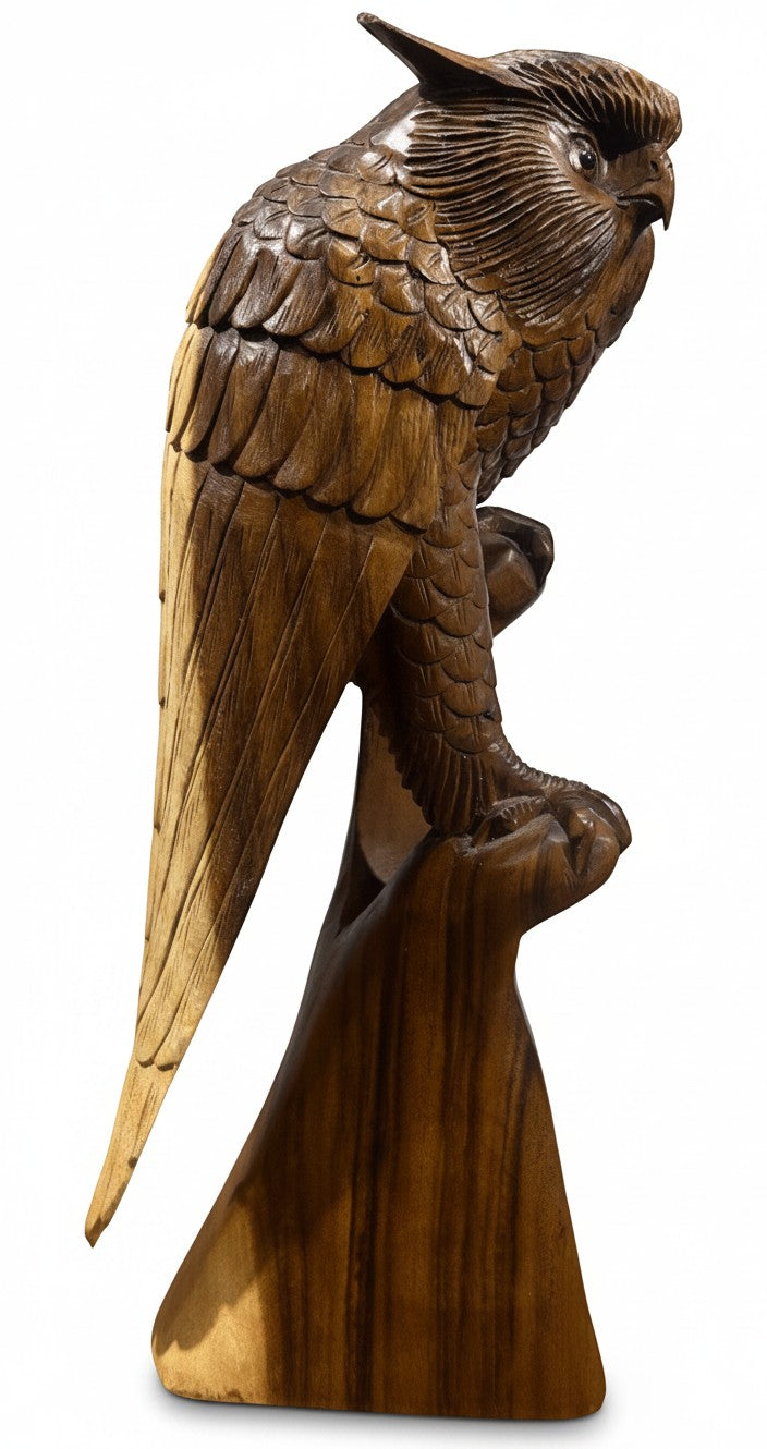 Natural Wonders USA carved wooden owl sculpture, 22" tall, detailed feathers, perched on a branch, rustic décor.