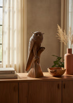 Natural Wonders USA carved wooden owl perched on a branch, 22" tall, detailed feathers, rustic decor.