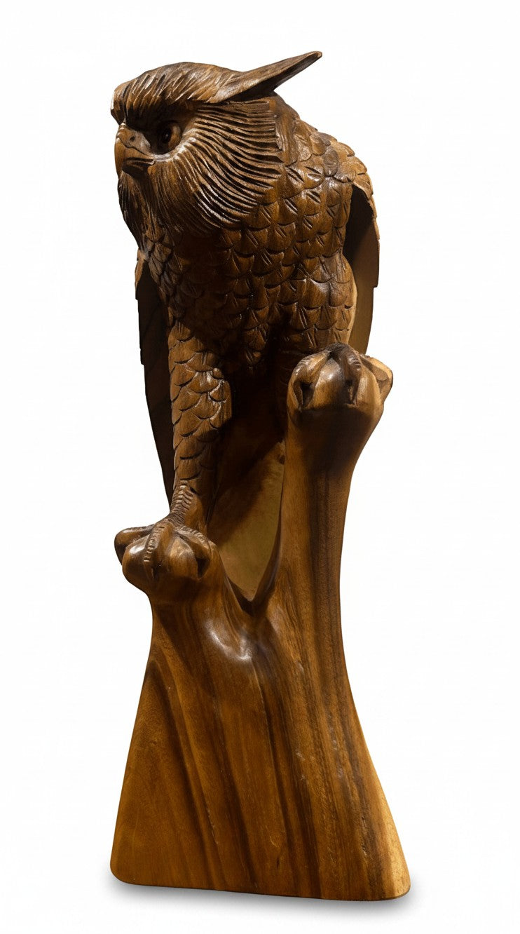 Natural Wonders USA carved wooden owl sculpture, 22" tall, detailed feathers and talons, rustic décor