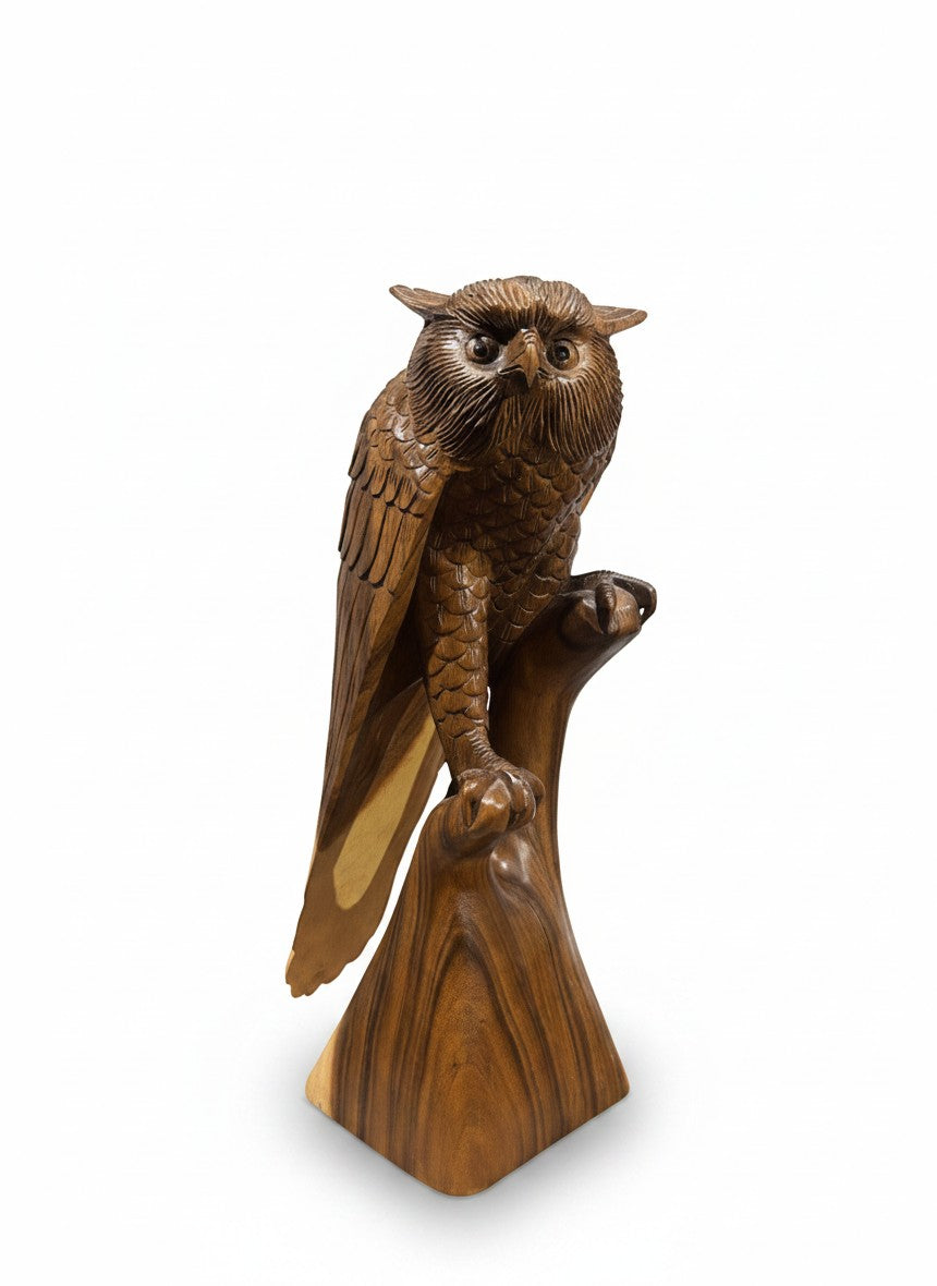 Natural Wonders USA carved wooden owl sculpture, 22" tall, perched on a branch, detailed feathers and eyes.