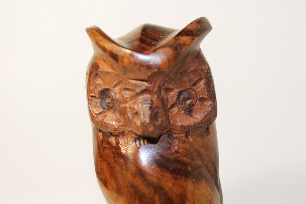 Natural Wonders USA hand-carved dark wood owl figurine with intricate feather details and natural grain.
