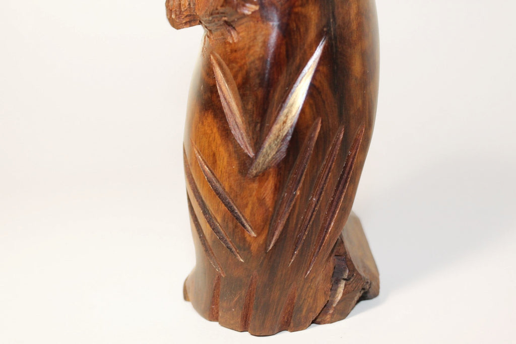 Natural Wonders USA hand-carved dark wood owl figurine with intricate feather details and natural grain.