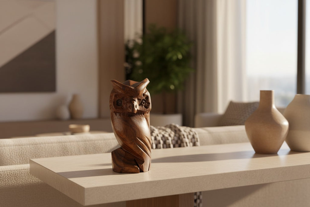 Natural Wonders USA hand-carved dark wood owl figurine with intricate feather details and alert eyes.