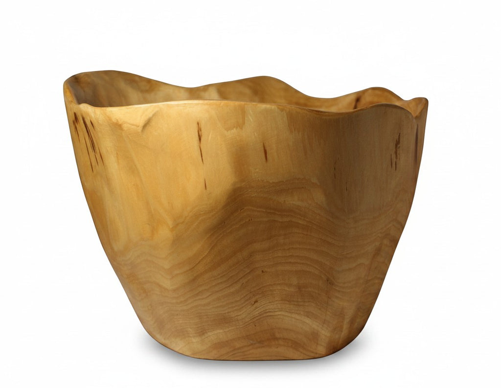 Natural Wonders USA food safe cedar wood bowl, 8" tall, with a unique wavy rim and natural grain patterns.
