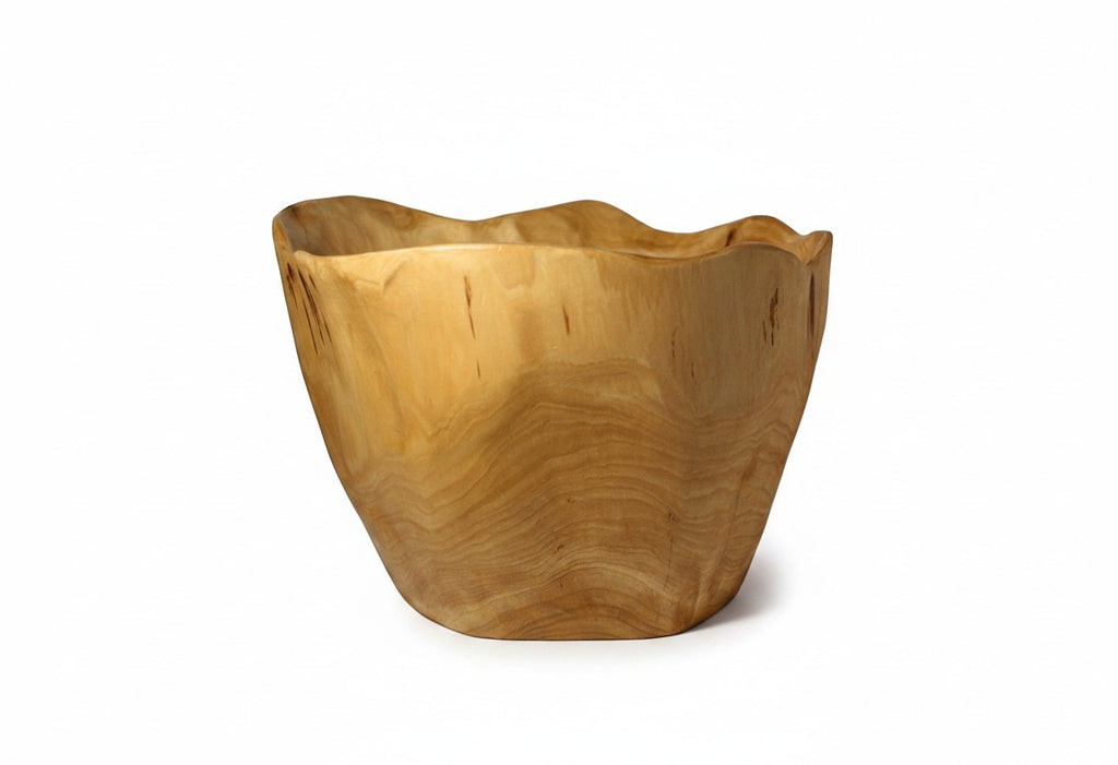 Natural Wonders USA light wood cedar bowl with wavy rim, 8" tall, food safe finish.