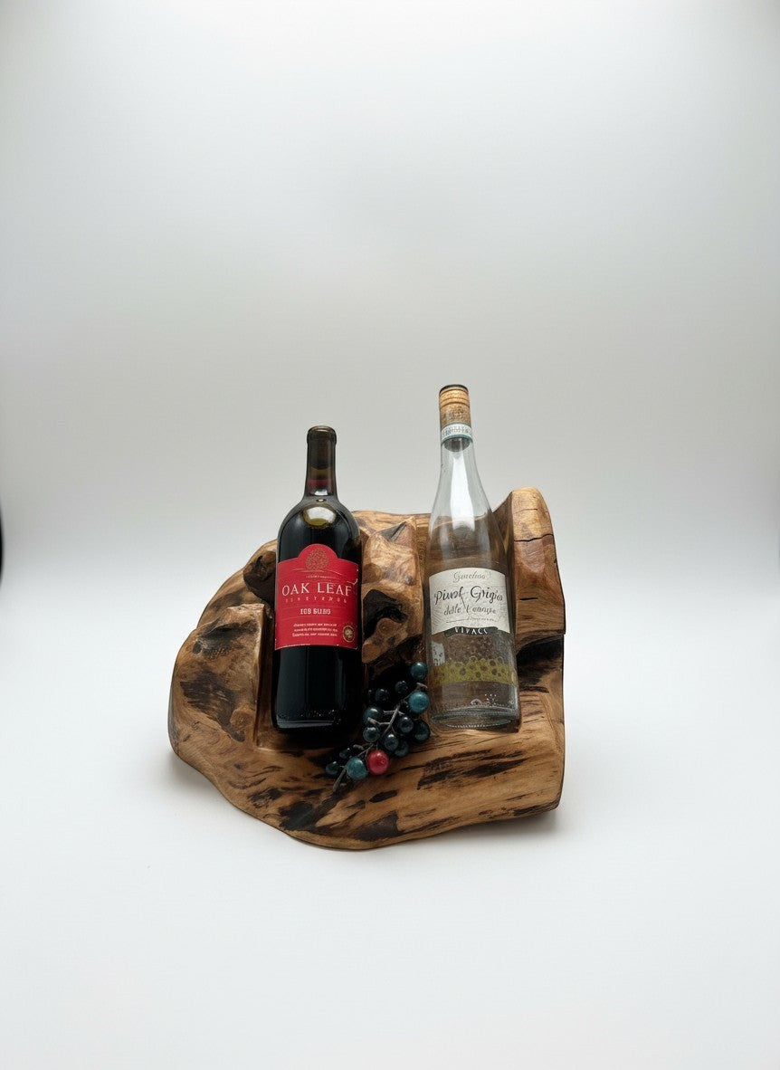 Natural Wonders USA Cedar Burl 2 Bottle Wine Holder with rustic wood grain and decorative berries.