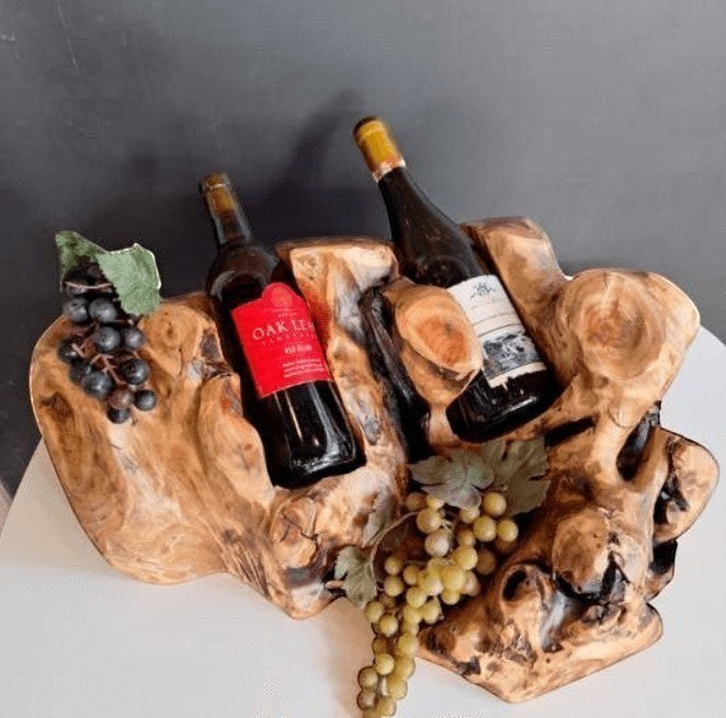 Natural Wonders USA Cedar Burl 2 Bottle Wine Holder with grapes, natural wood grain, rustic design.
