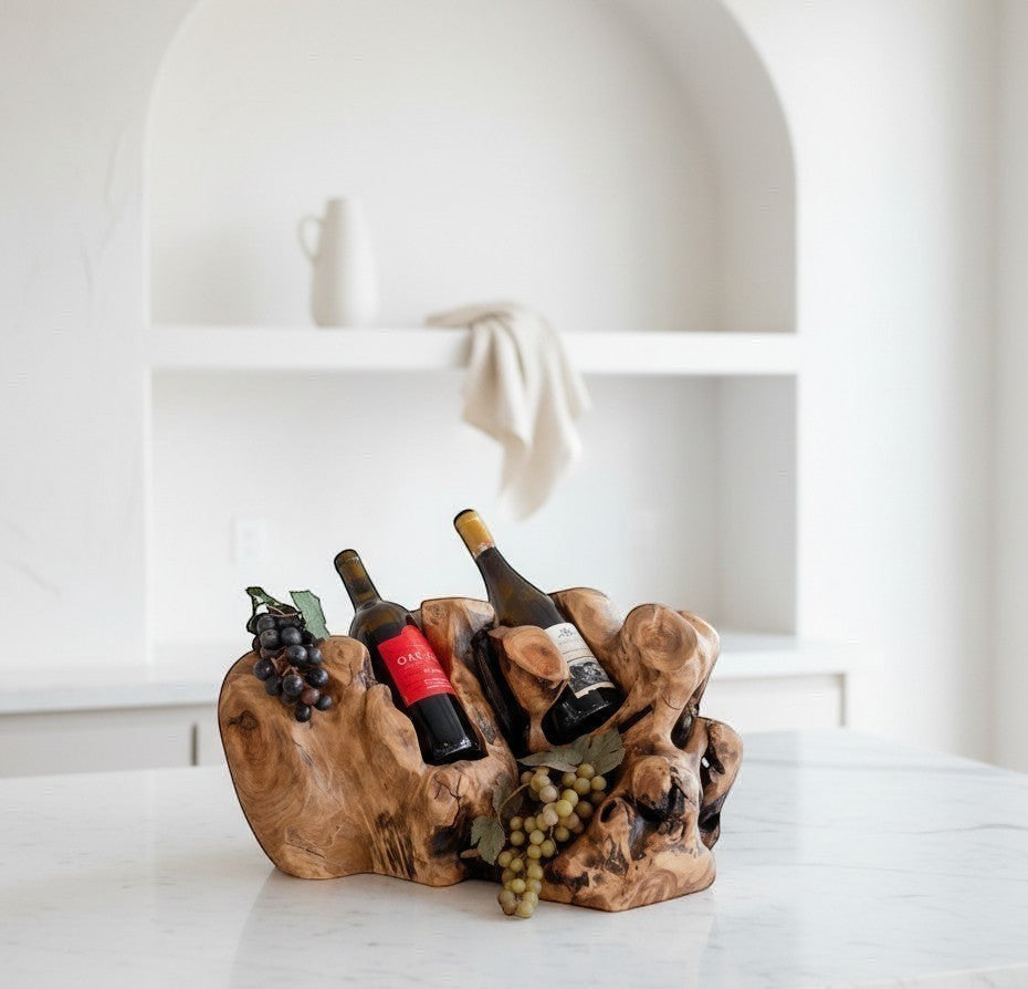 Natural Wonders USA Cedar Burl 2 bottle wine holder with unique wood grain, cradling two wine bottles and decorative grapes.