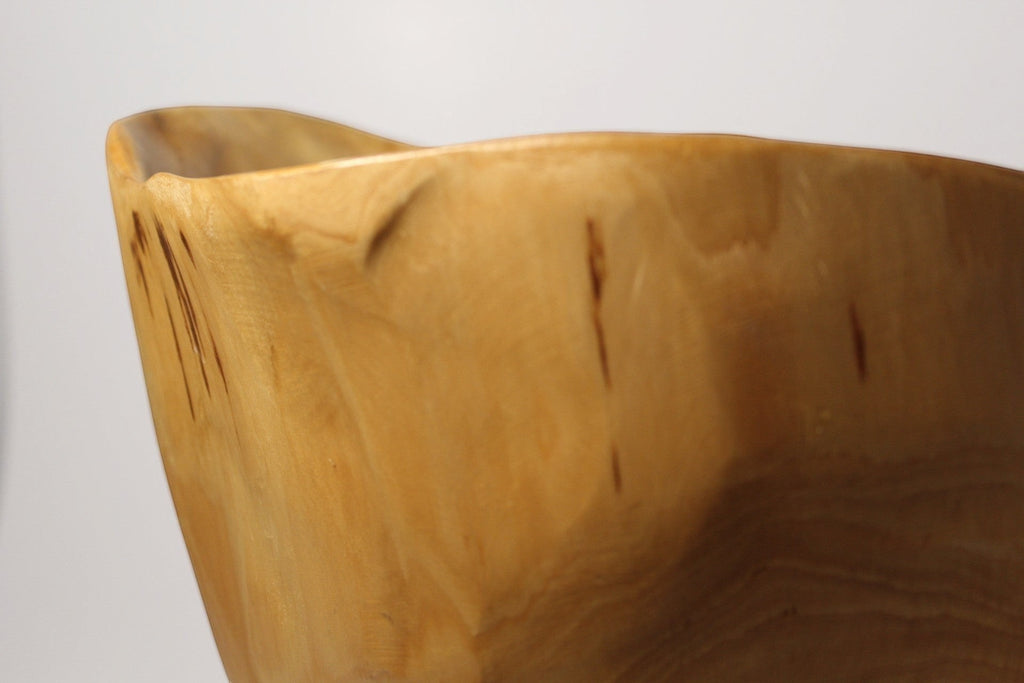 Natural Wonders USA handcrafted light brown cedar wood bowl, 8" tall, food safe finish, unique grain patterns.