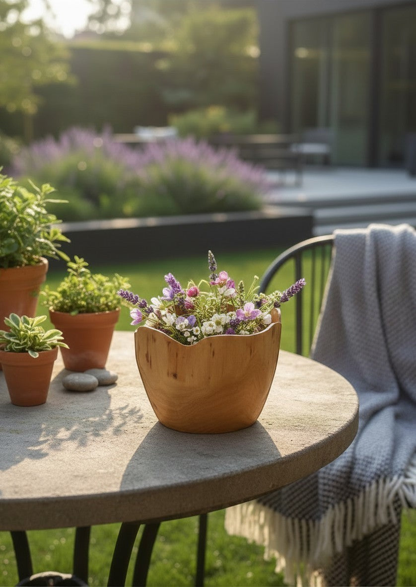 Natural Wonders USA handcrafted light brown cedar wood bowl with a wavy rim, filled with flowers. Food safe.