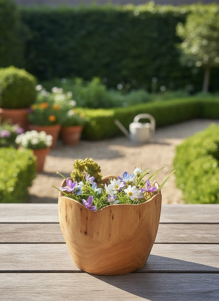 Natural Wonders USA handcrafted cedar wood bowl with a food-safe finish, 8" tall, filled with faux flowers.