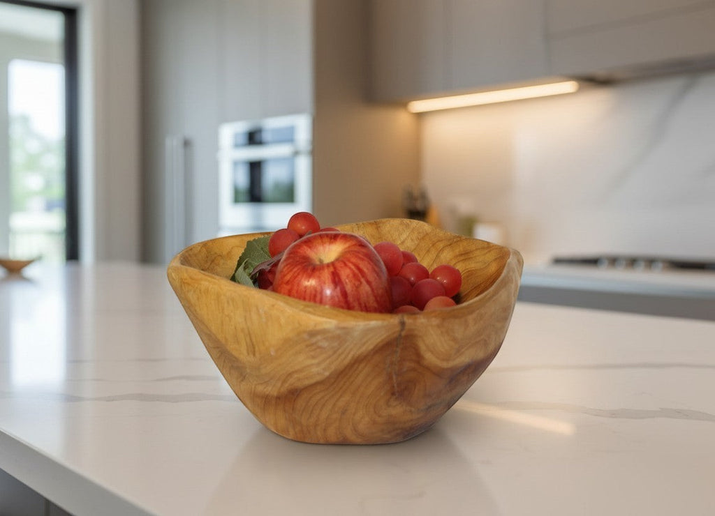 Natural Wonders USA cedar wood nibble dish with visible grain, holding an apple and grapes.