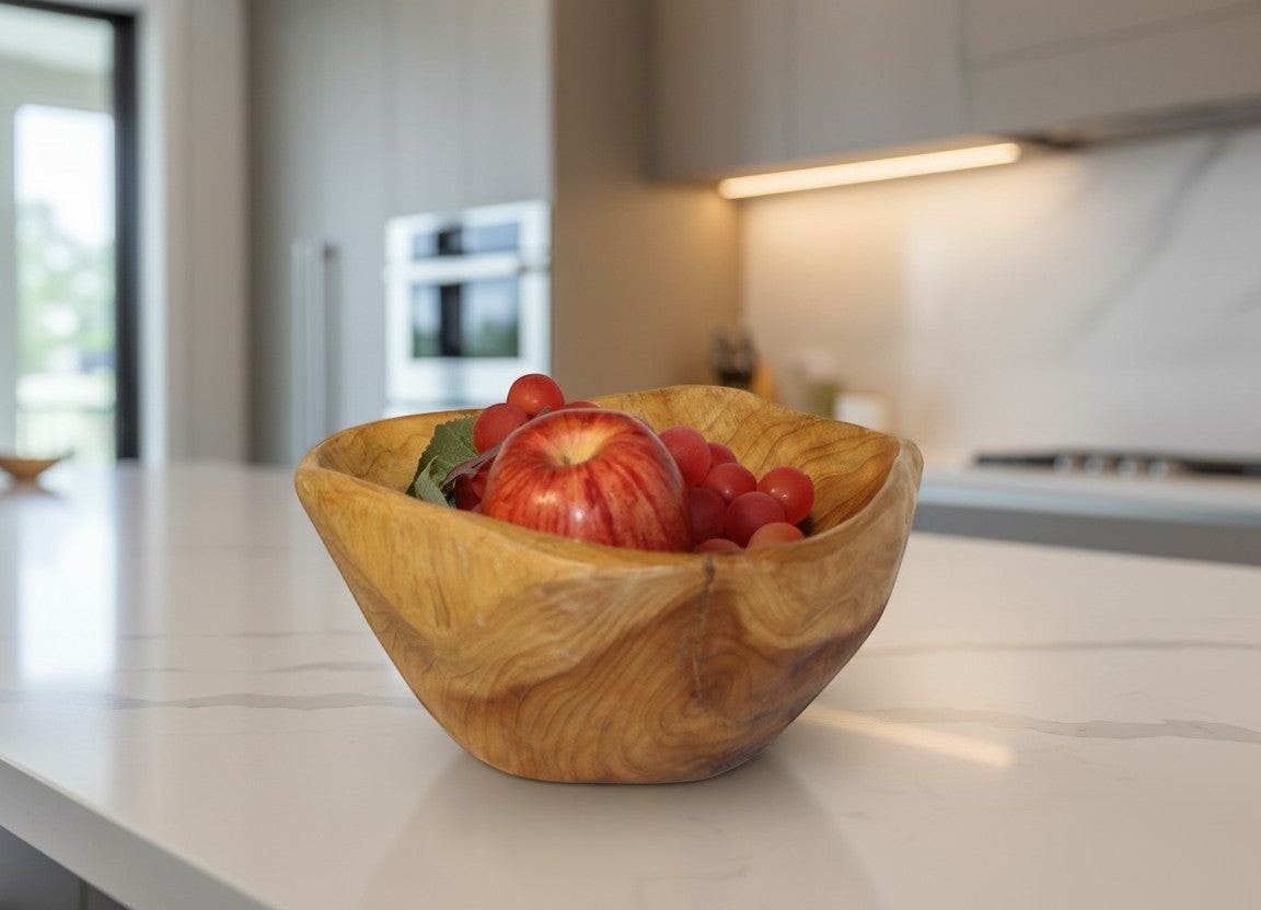Natural Wonders USA cedar wood nibble dish with visible grain, holding an apple and grapes.