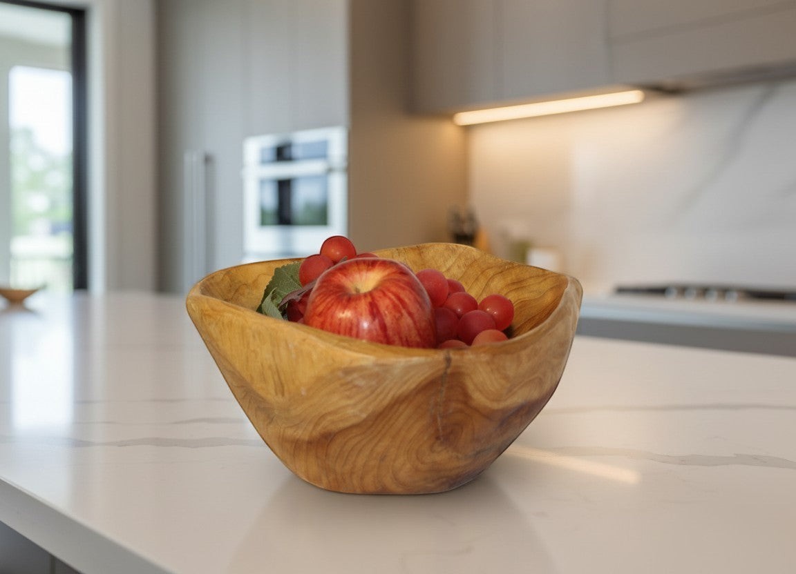 Natural Wonders USA cedar wood nibble dish with visible grain, holding an apple and grapes.