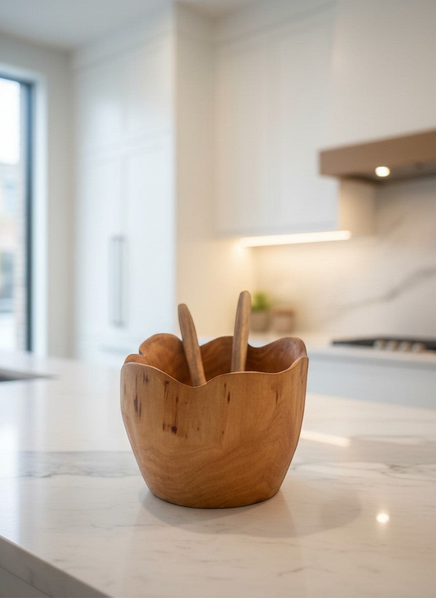 Natural Wonders USA handcrafted cedar wood salad bowl with two wooden serving utensils. Food-safe finish, 8" H x 10" L x 11" W.