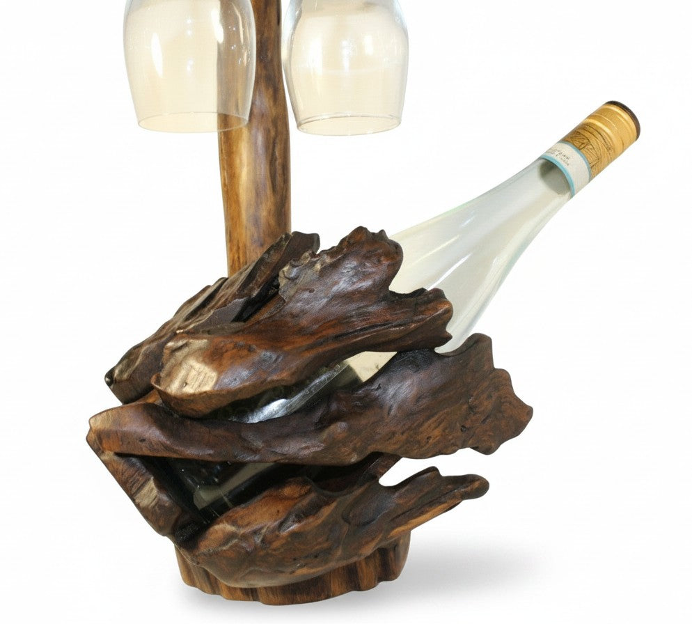 Natural Wonders USA rustic dark stained cedar wood wine bottle holder with natural grain and two glass holders.