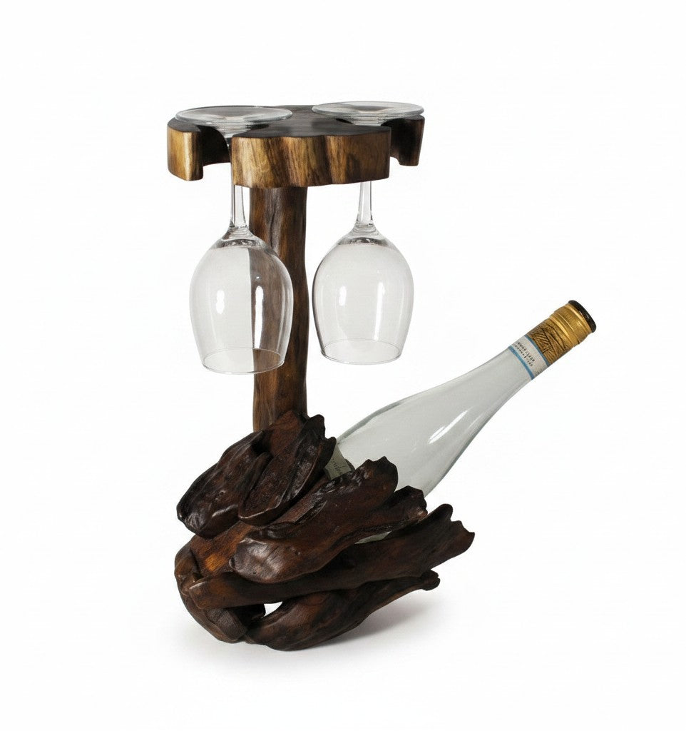 Natural Wonders USA rustic cedar wood wine bottle holder with dark stain, displaying two wine glasses and a bottle.
