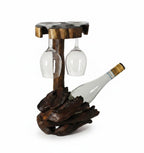 Natural Wonders USA rustic cedar wood wine bottle holder with dark stain, displaying two wine glasses and a bottle.