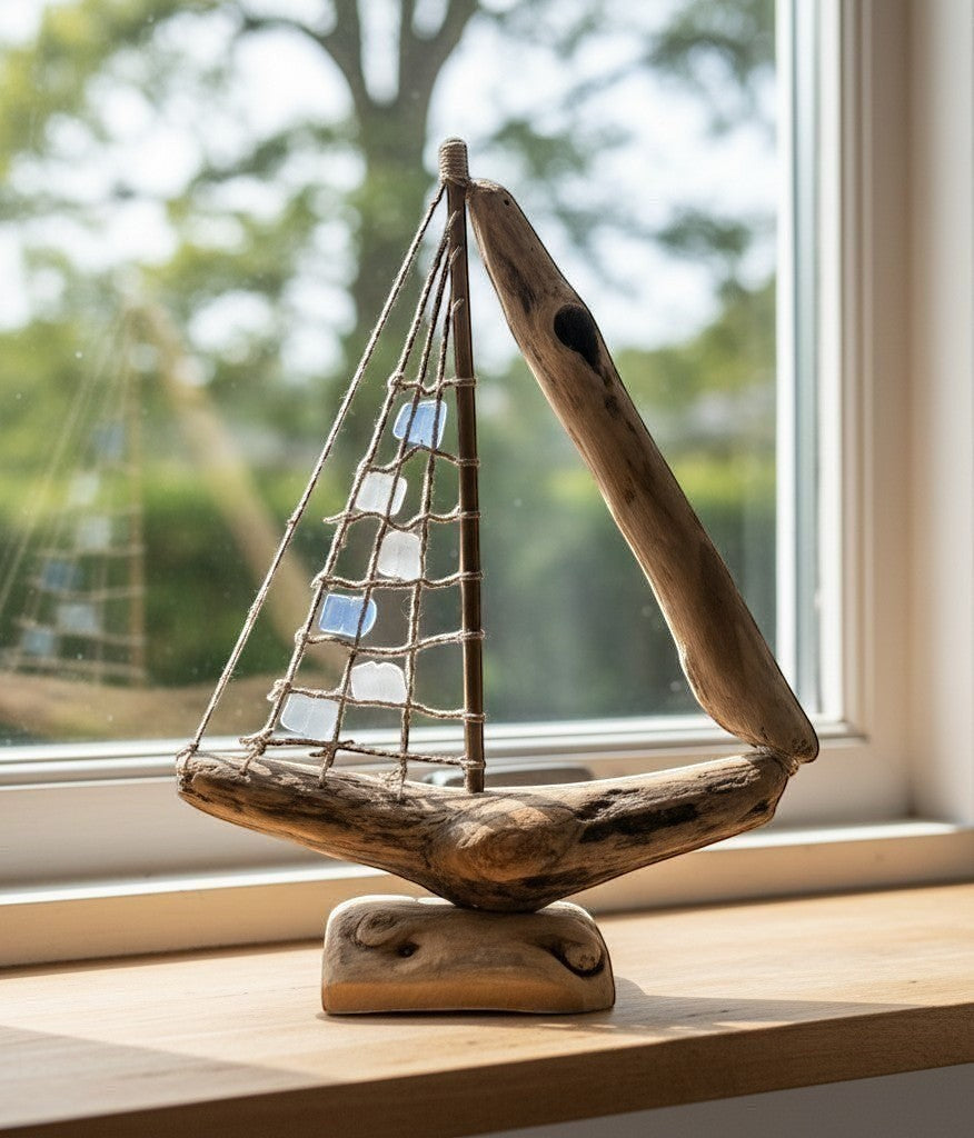 Natural Wonders USA sea glass and driftwood boat sculpture with white and blue glass sails on a wooden base.