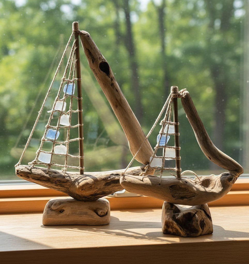 Natural Wonders USA sea glass and driftwood boat sculpture with white and blue glass sails, 18
