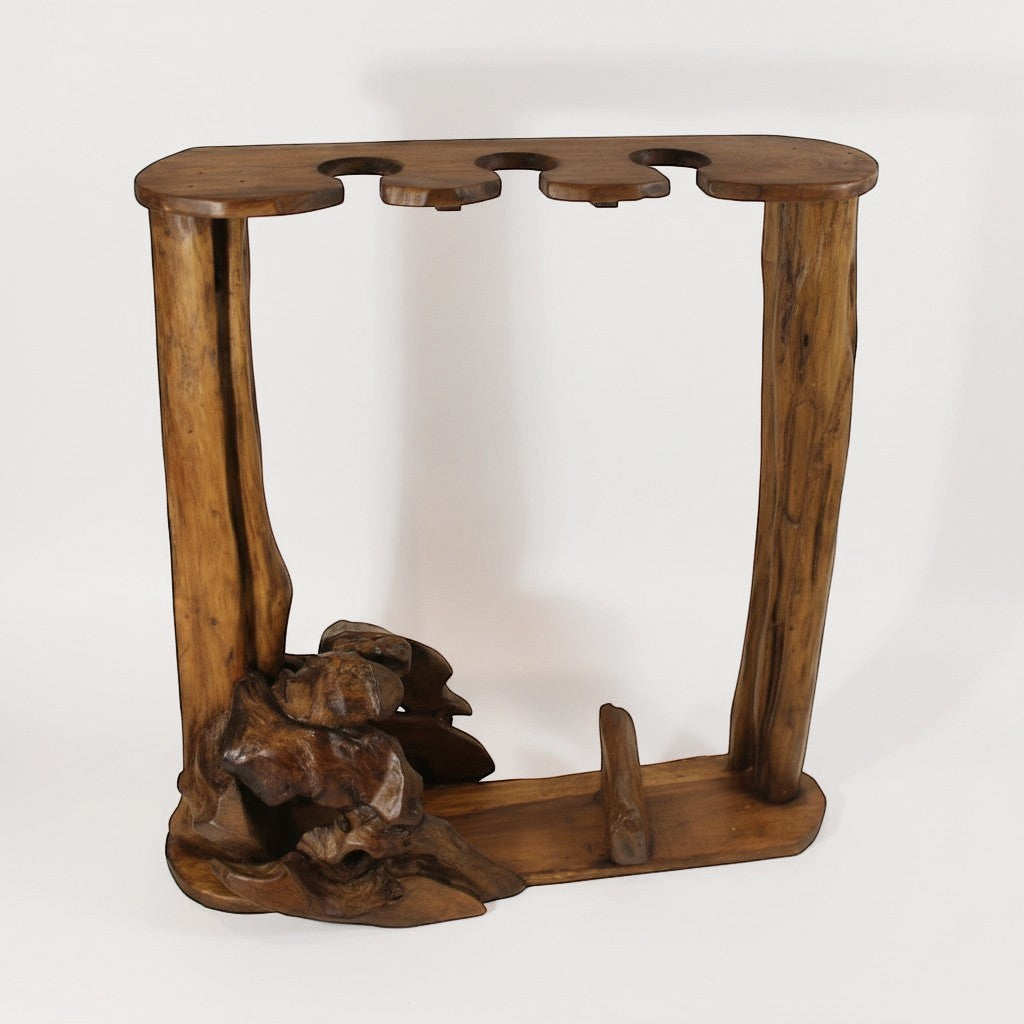 Natural Wonders USA rustic driftwood display stand for canes or staffs, featuring three slots and a sculptural base.