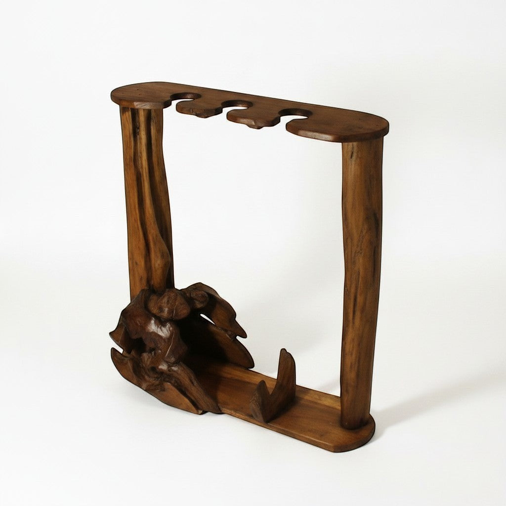 Natural Wonders USA rustic driftwood display stand with 3 slots for canes or staffs. Features sculptural base and natural wood tones.
