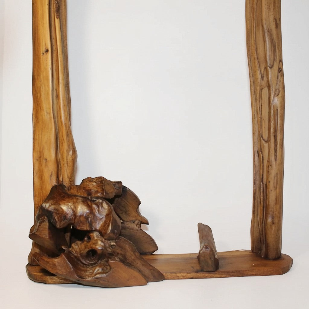 Natural Wonders USA rustic driftwood display stand with three slots for canes or staffs. Features sculptural base and natural wood tones.
