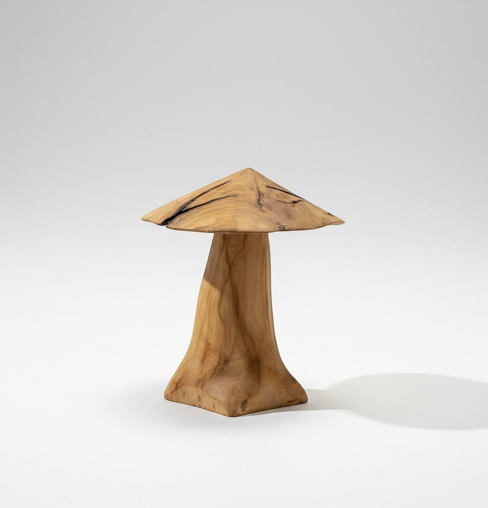 Natural Wonders USA handcrafted driftwood mushroom sculpture with a conical cap and flared stem, showcasing natural wood grain and rustic charm.