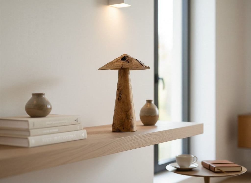 Natural Wonders USA handcrafted driftwood mushroom sculpture with a conical stem and wide, flat cap, showcasing natural wood grain and rustic texture.
