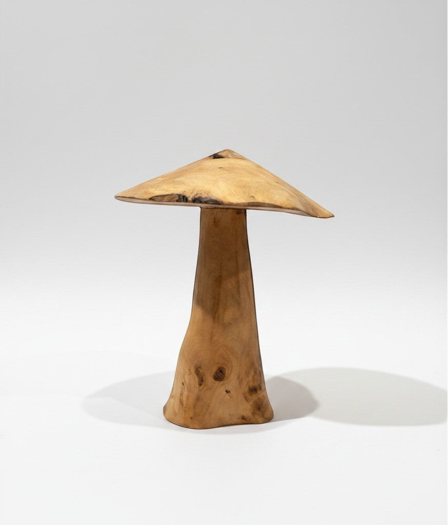 Natural Wonders USA handcrafted driftwood mushroom sculpture with a wide, flat cap and tapered stem, showcasing natural wood grain and texture.