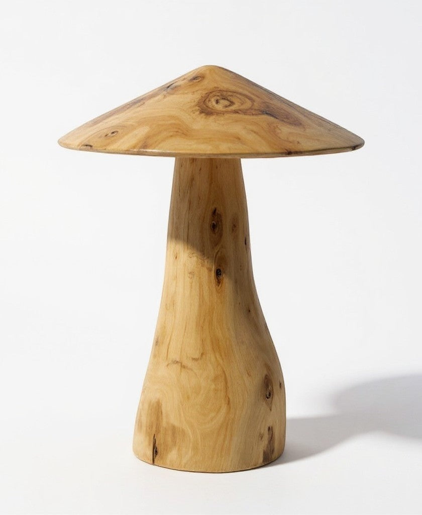 Natural Wonders USA handcrafted driftwood mushroom sculpture with a wide, flat cap and tapered stem, showcasing natural wood grain and rustic texture.