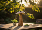 Natural Wonders USA handcrafted driftwood mushroom sculpture with natural wood tones and textures. Rustic woodland décor.