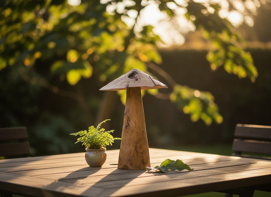 Natural Wonders USA handcrafted driftwood mushroom sculpture with natural wood tones and textures. Rustic woodland décor.