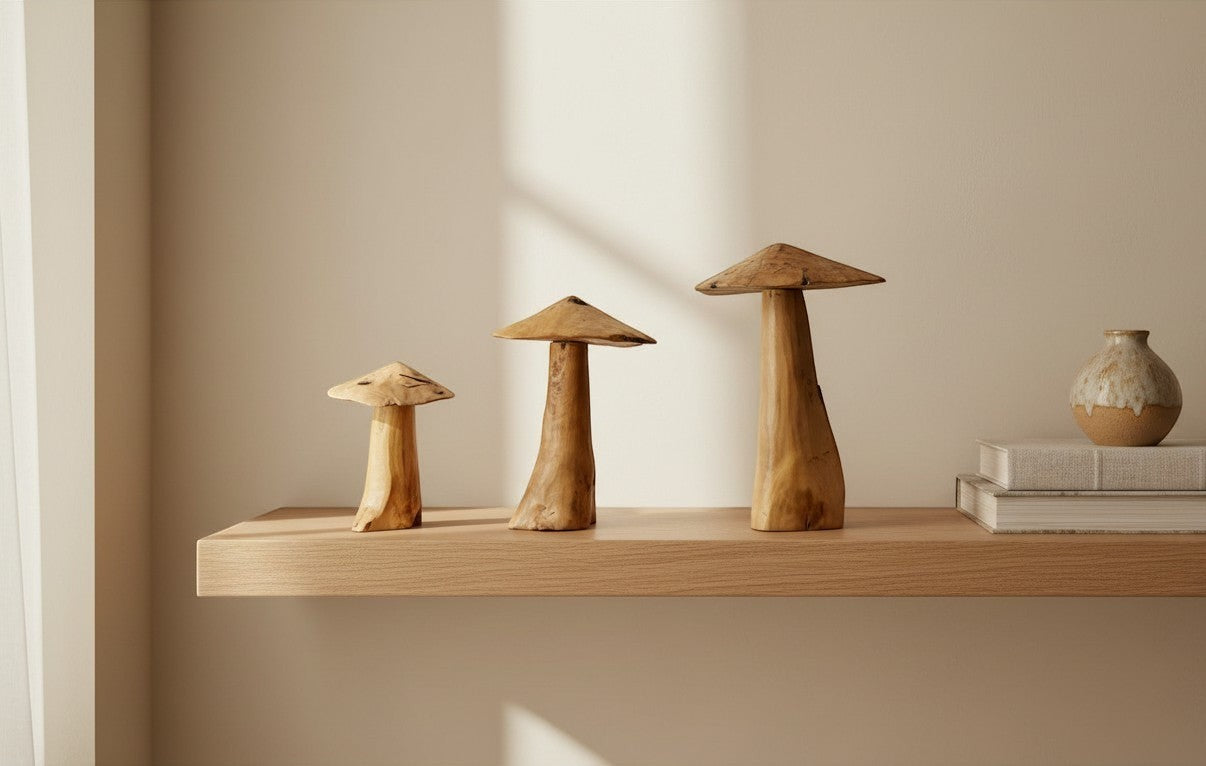 Natural Wonders USA handcrafted driftwood mushrooms with organic caps and stems, showcasing natural wood textures. Set of 3.
