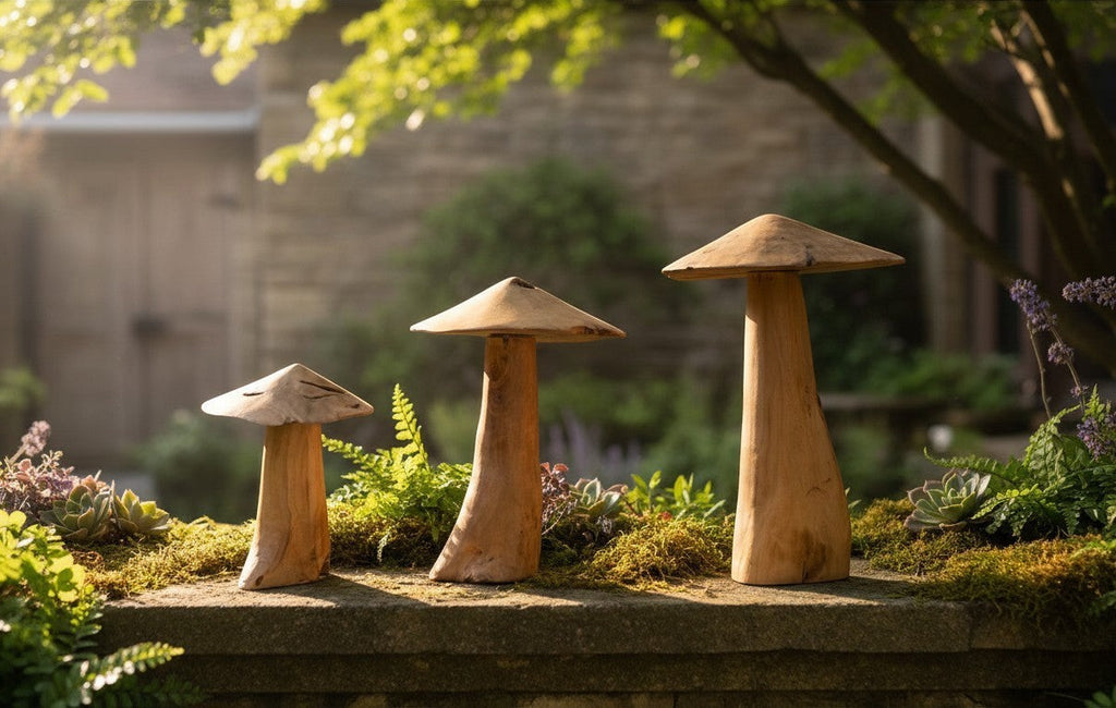 Natural Wonders USA handcrafted driftwood mushrooms with organic caps and stems, natural wood tones and textures. Set of 3.