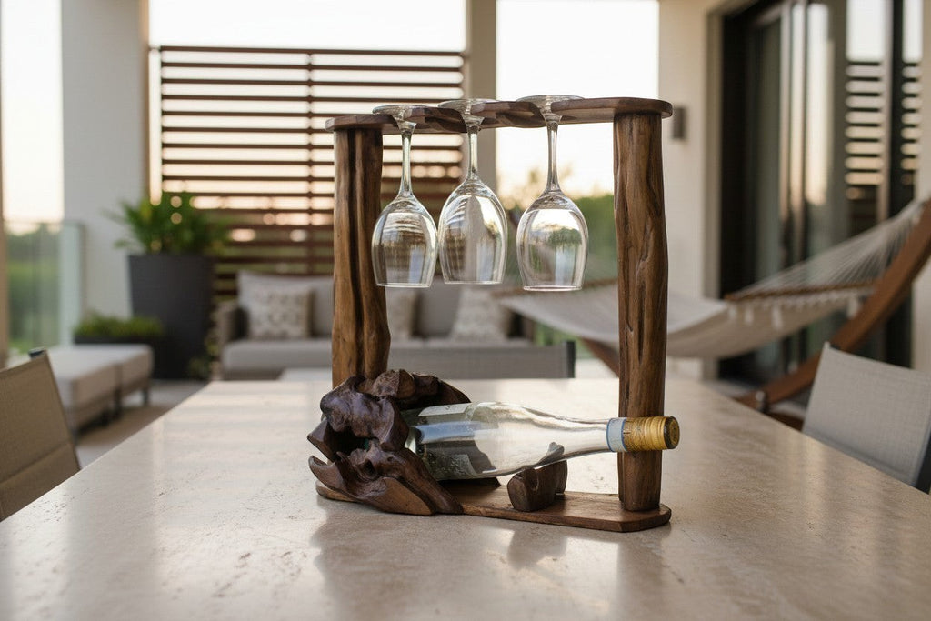 Natural Wonders USA rustic driftwood wine rack with 3 hanging wine glasses and a bottle of white wine.