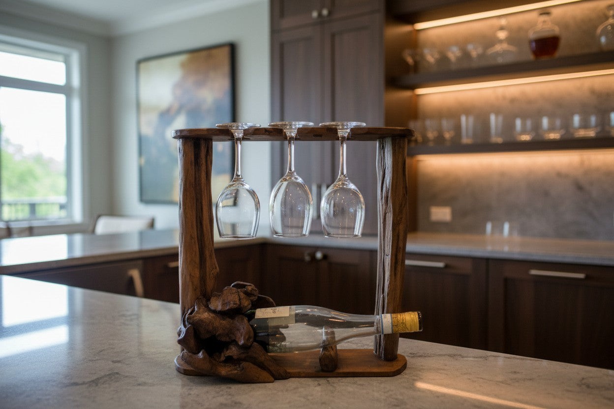 Natural Wonders USA rustic driftwood wine rack with 3 wine glasses and a bottle of wine