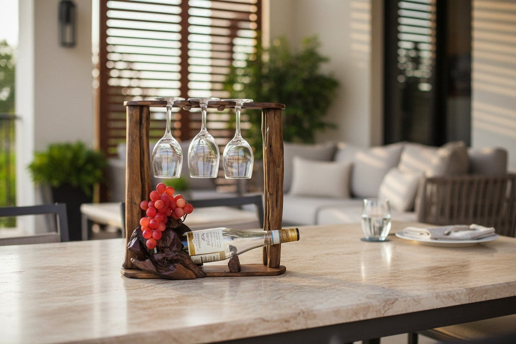 Natural Wonders USA rustic driftwood wine rack with three wine glasses and a bottle, featuring decorative grapes.