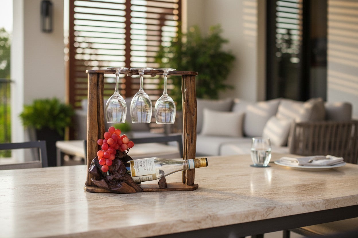 Natural Wonders USA rustic driftwood wine rack with three wine glasses and a bottle, featuring decorative grapes.
