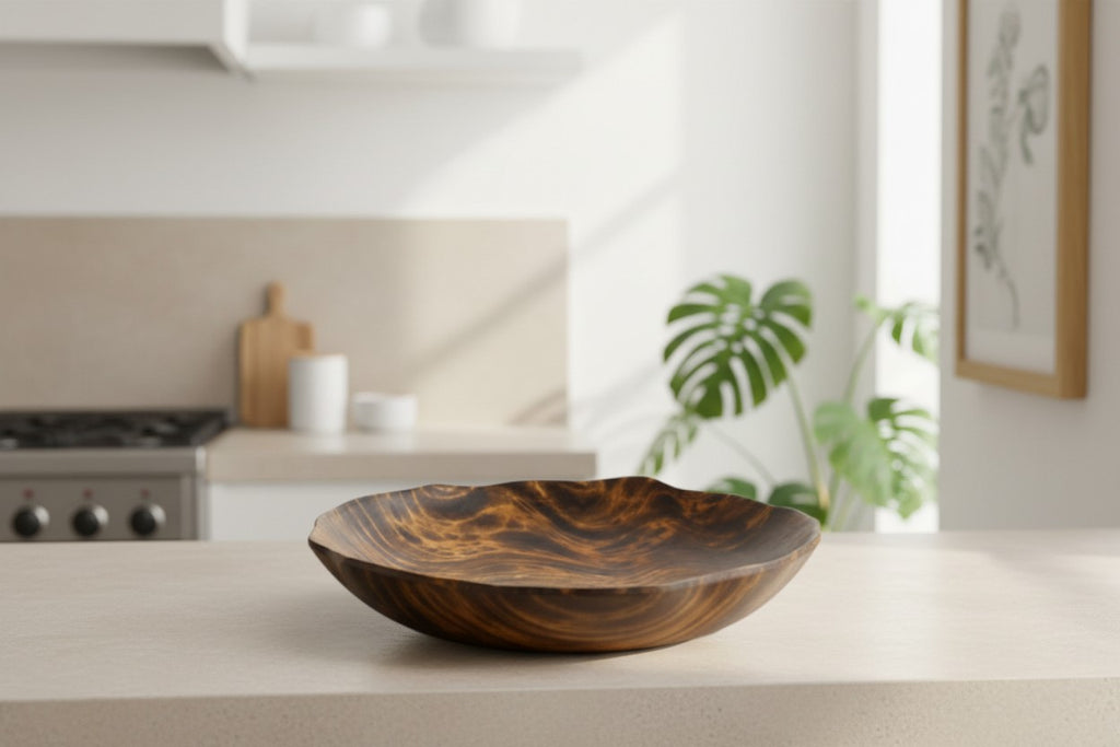 Natural Wonders USA hand carved dark wood serving bowl with organic shape and wavy grain pattern.