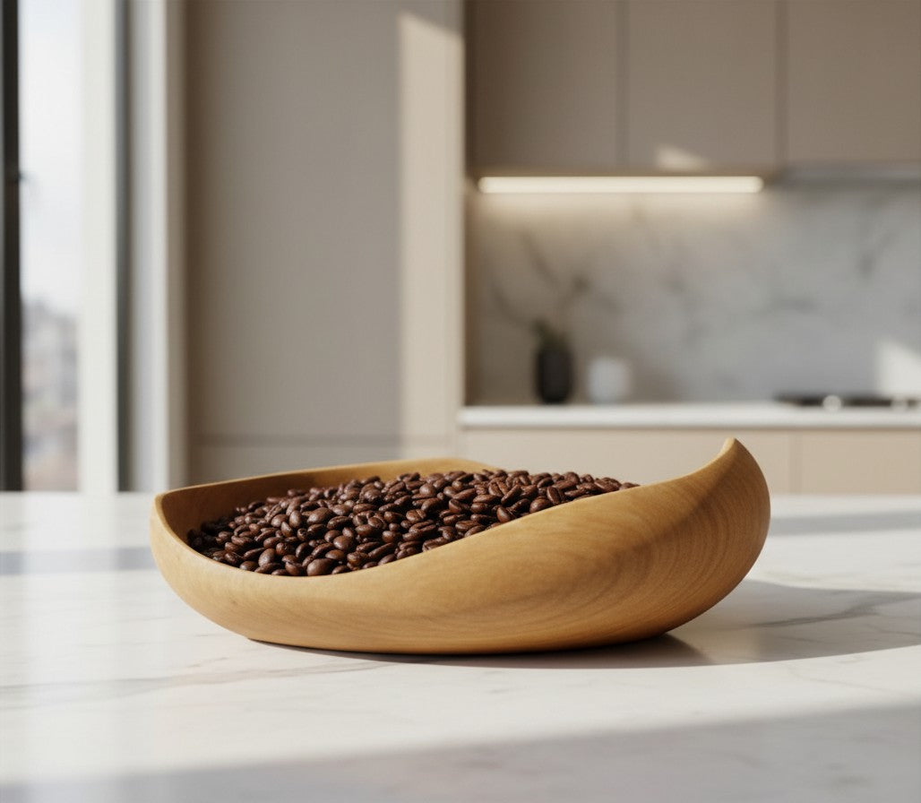 Natural Wonders USA hand carved light wood serving bowl with organic shape and matte finish.