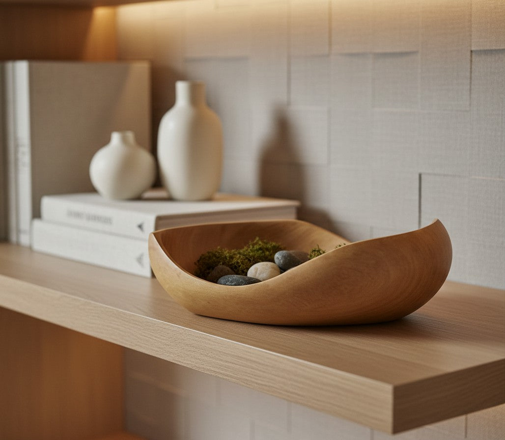 Natural Wonders USA hand carved light wood serving bowl with organic shape and matte finish.