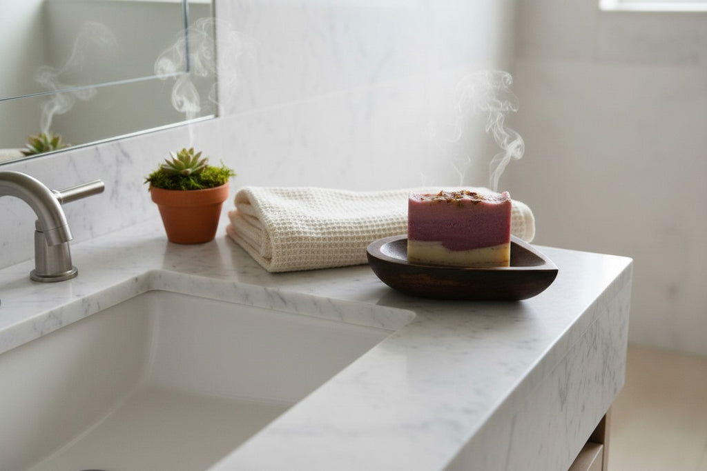 Natural Wonders USA dark wood heart-shaped soap dish holding two bars of soap on a marble countertop.