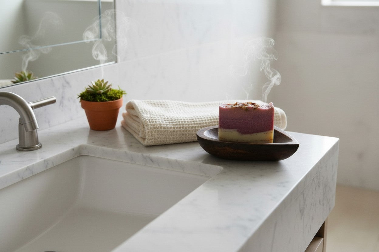 Natural Wonders USA dark wood heart-shaped soap dish holding two bars of soap on a marble countertop.