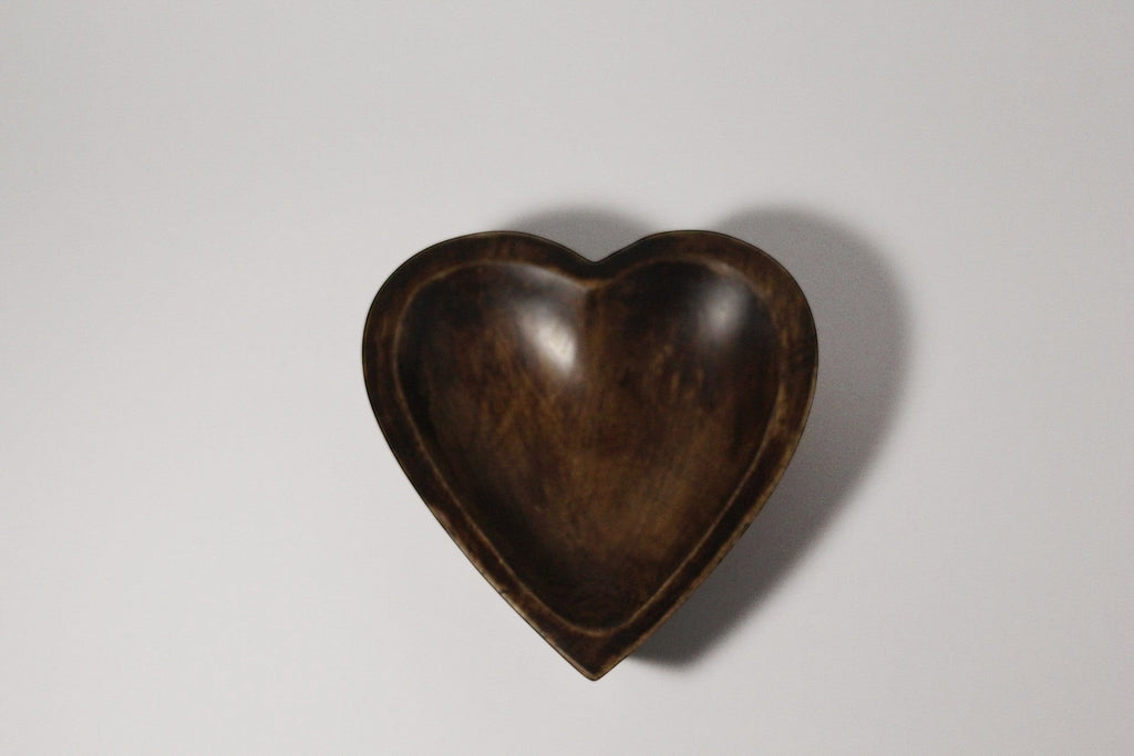 Natural Wonders USA dark wood heart-shaped serving bowl with natural grain detail, perfect for snacks or decor.